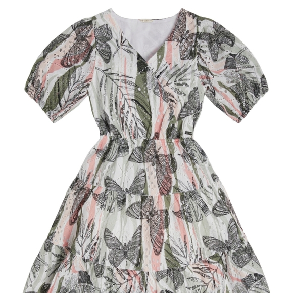 GUESS Printed Eyelet Dress Green Floral Butterfly Combo